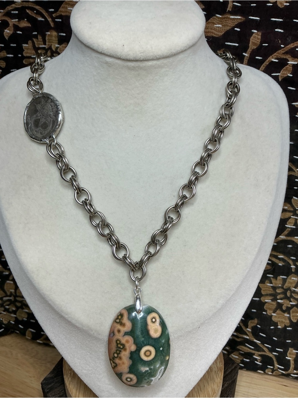 Antique Rollo Chain with Ocean Jasper Pendant and Sun/Moon Coin Connector 17”
